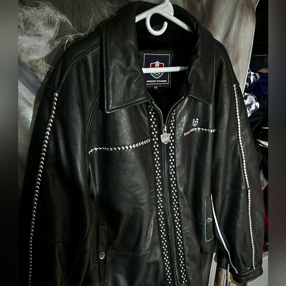 1 Of 1 Phat Farm Limited Edition Studded Premium Leather Coat Fur Lined 2X - Picture 2 of 14